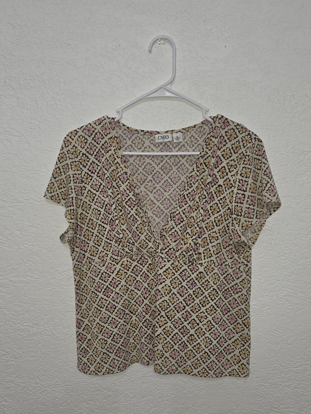 Cato Pink & Yellow Patterned V Neck Short Sleeve Top XL Floral
